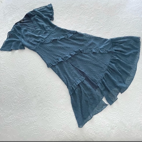 NWOT Lulus Next to You Slate Blue Swiss Dot Ruffled Midi Dress XSmall - Picture 2 of 7